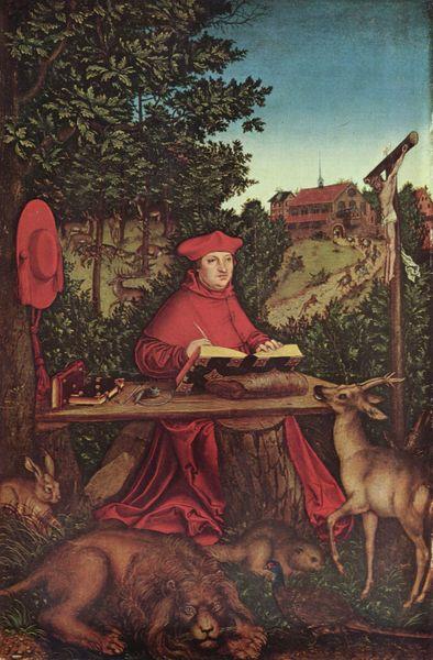 Lucas Cranach Portrat des Kardinal Albrecht von Brandenburg als Hl Hieronymus im Grunen oil painting image
